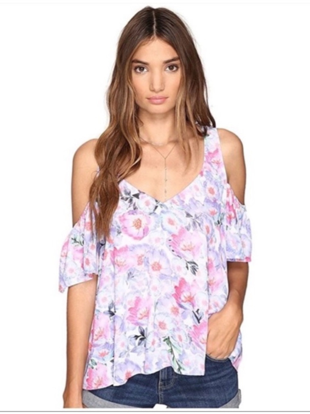 Show Me Your MuMu Pastel Floral Cold-Shoulder V-Neck Top